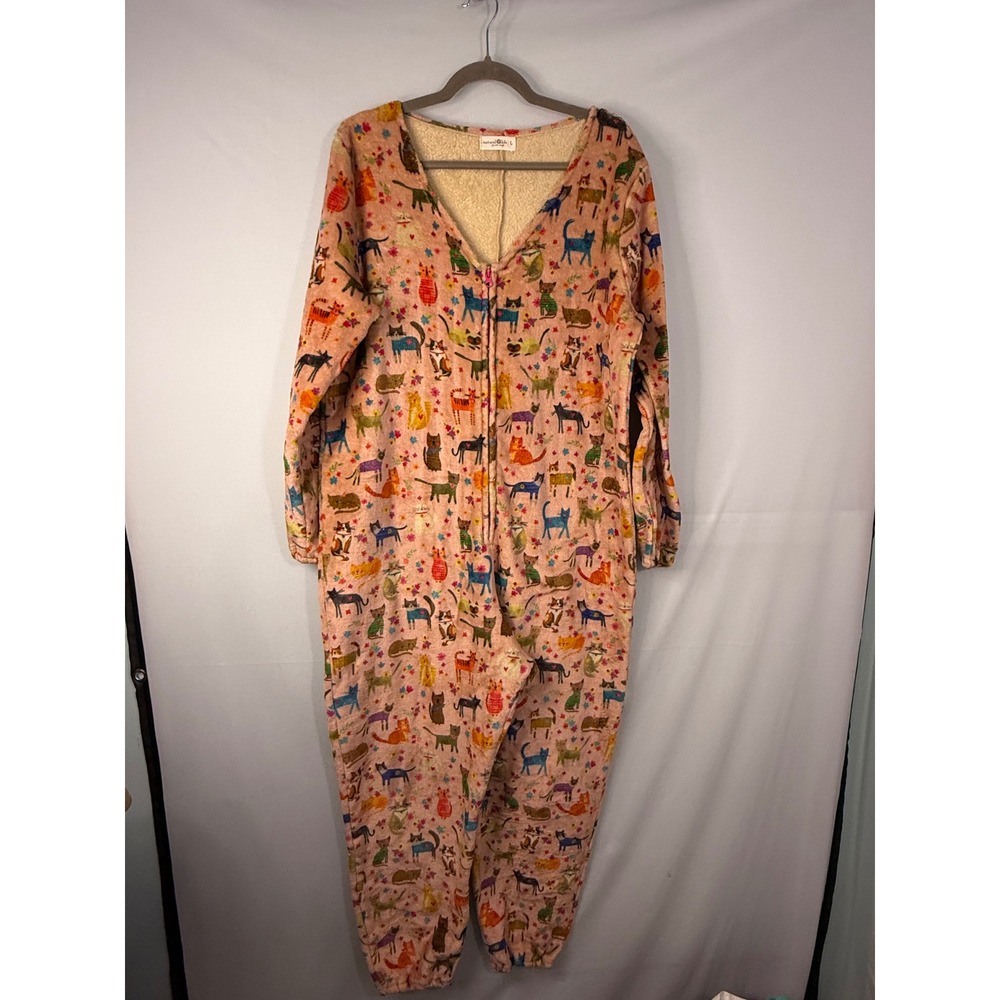 Natural Life Cat Print Sherpa Lined Fleece Onesie Womens Large Pink Whimsical PJ